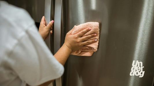 Une femme nettoie la porte de son réfrigérateur avec un chiffon.
