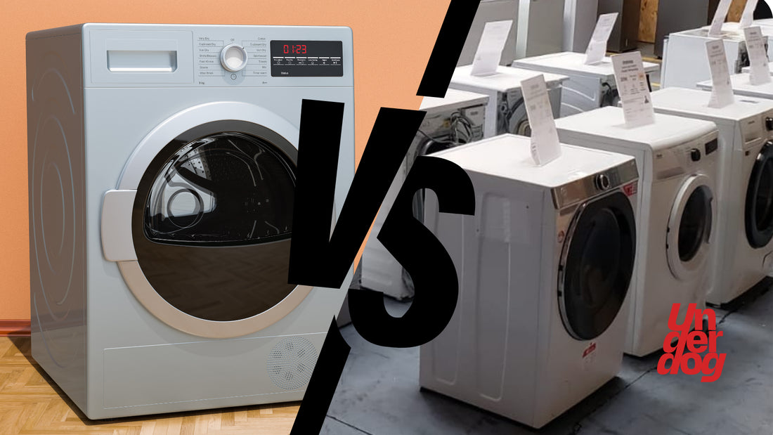 À gauche, un sèche-linge neuff et à droite, un sèche-linge reconditionné