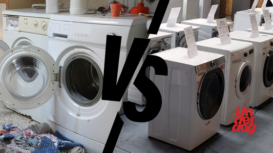 Image comparant les lave-linge d'occasions à gauche et les lave-linge reconditionnés à droite.
