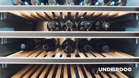 Des bouteilles de vin sont rangées et alignées dans une cave à vin