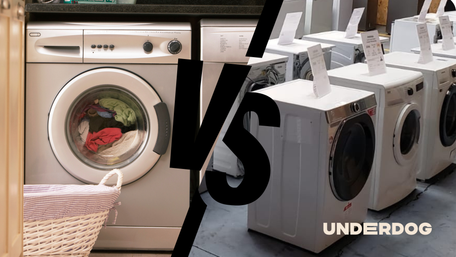 Image comparant les lave-linge d'occasions à gauche et les lave-linge reconditionnés à droite