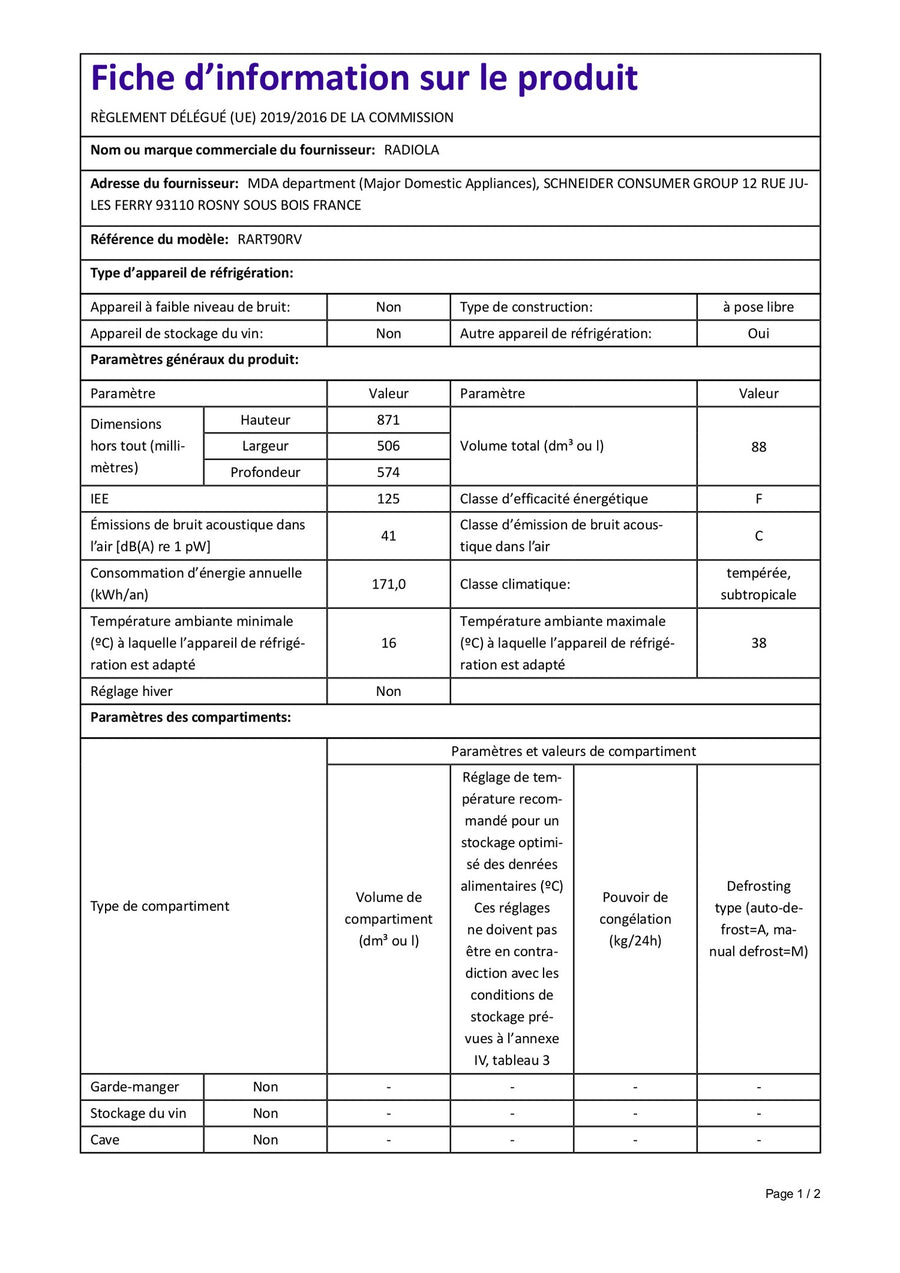 Réfrigérateur compact RADIOLA RART90RV