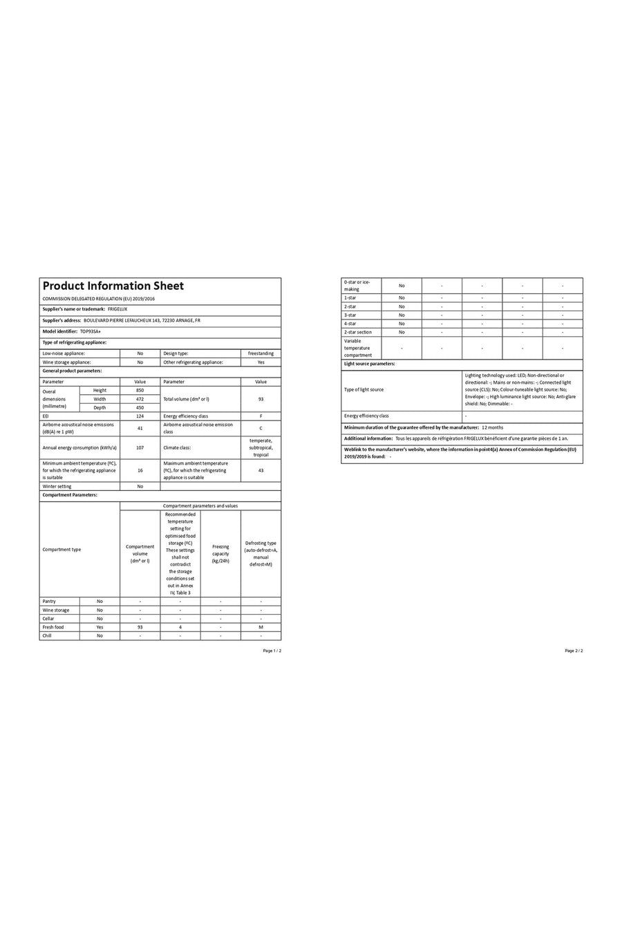Réfrigérateur compact FRIGELUX TOP93SA+