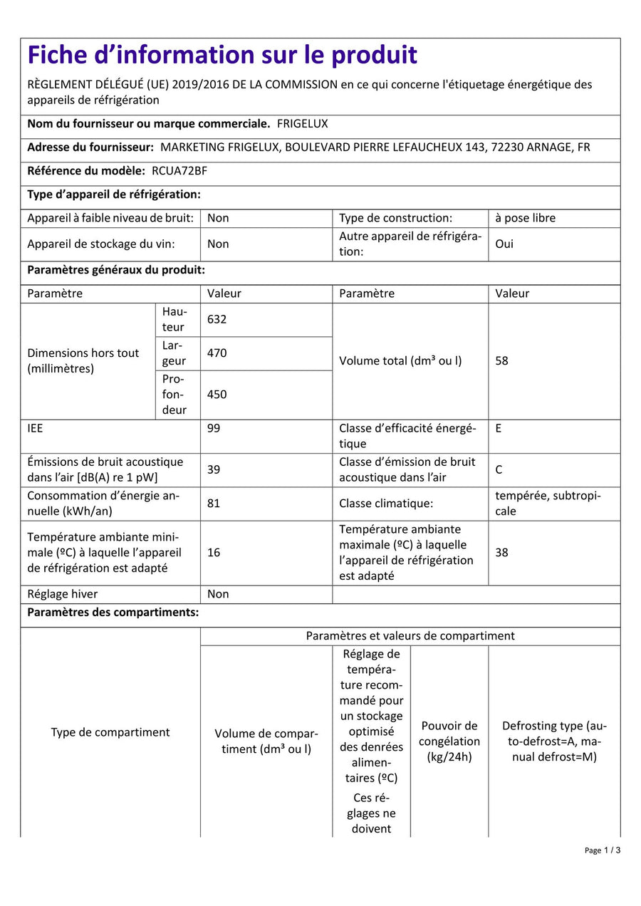 Réfrigérateur Compact 58 Litres Reconditionné FRIGELUX RCUA72BF