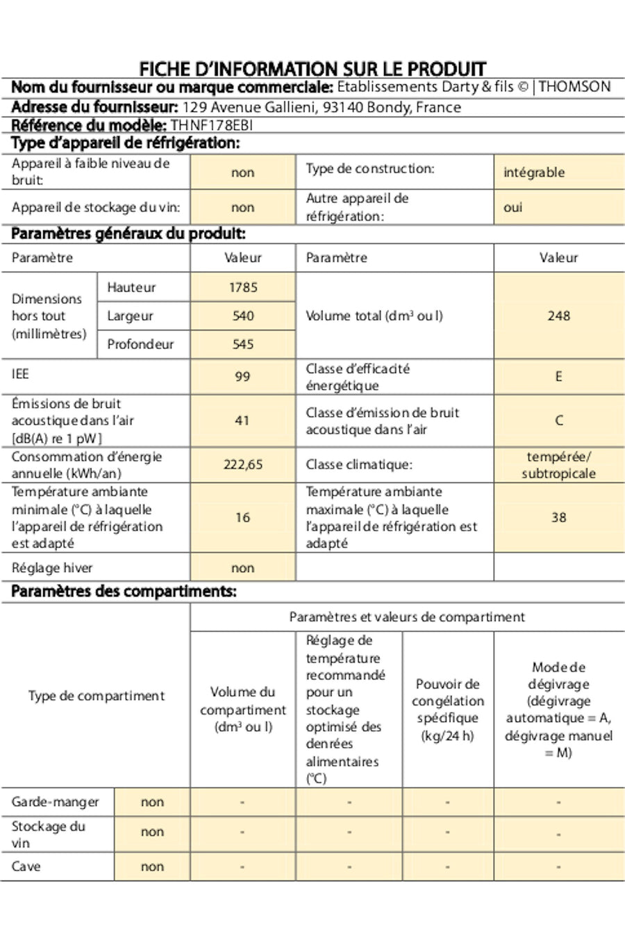 Réfrigérateur encastrable THOMSON THNF178EBI