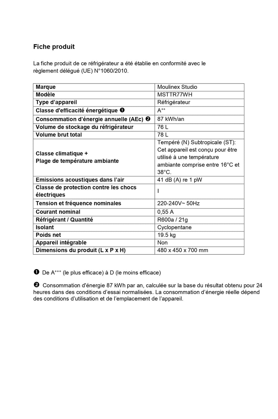 Réfrigérateur compact MOULINEX Studio MSTTR77WH