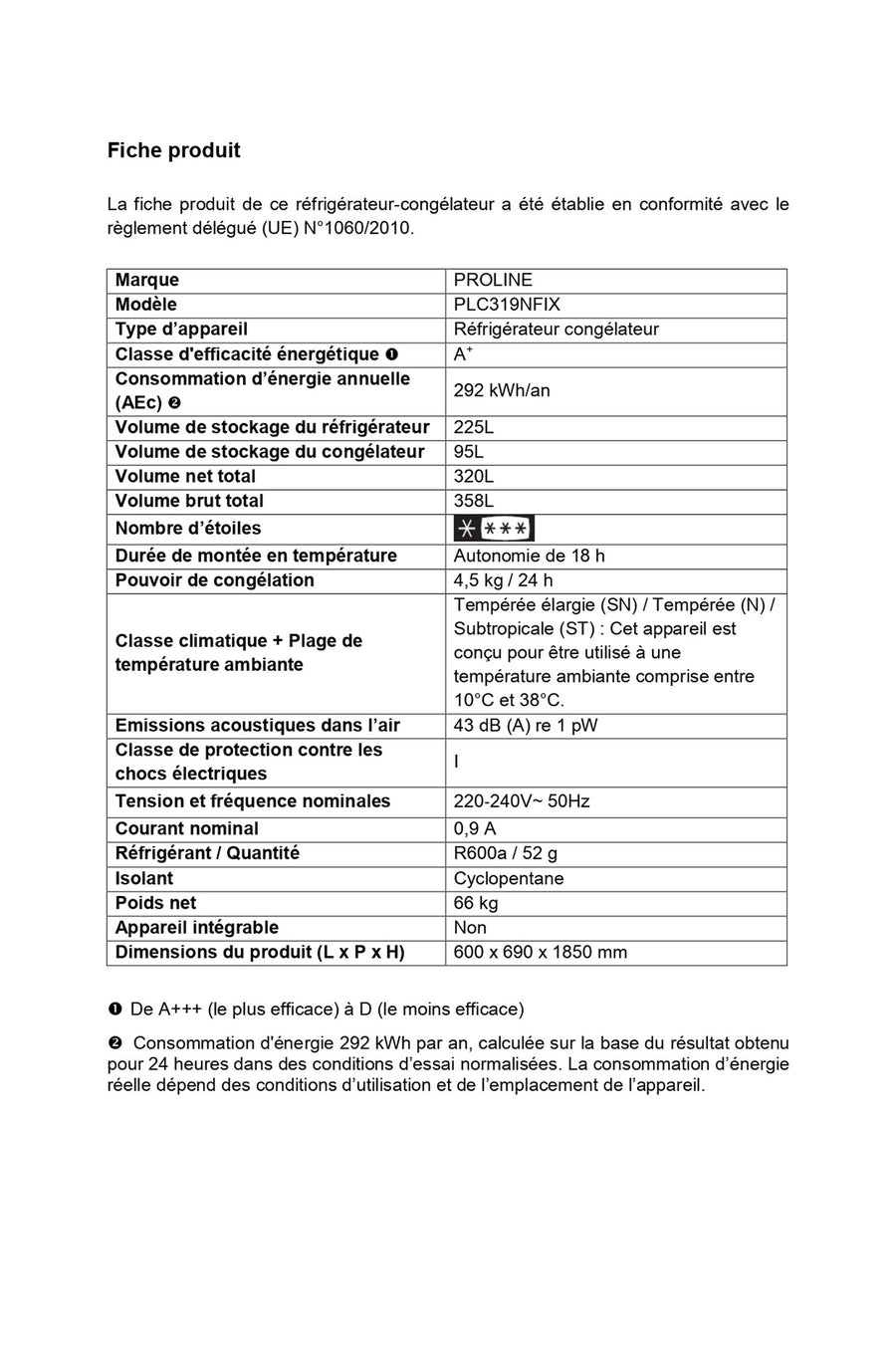 Réfrigérateur avec congélateur PROLINE PLC319NFIX
