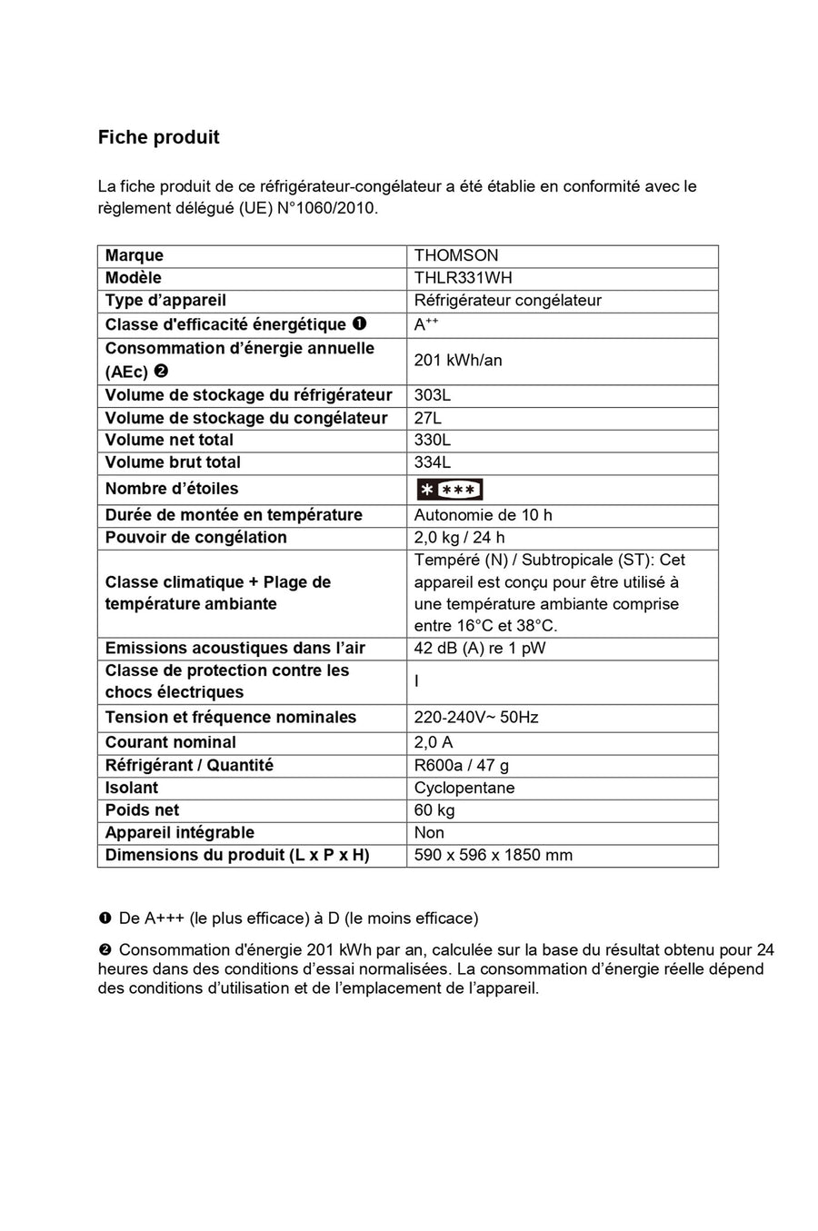 Réfrigérateur avec congélateur THOMSON THLR331WH
