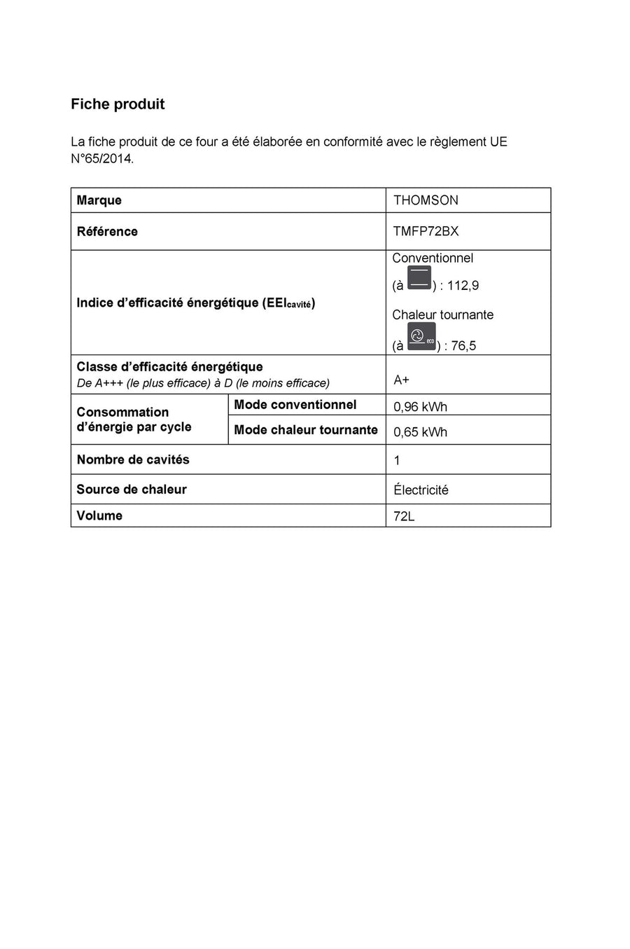 Four chaleur tournante THOMSON TMFP72BX