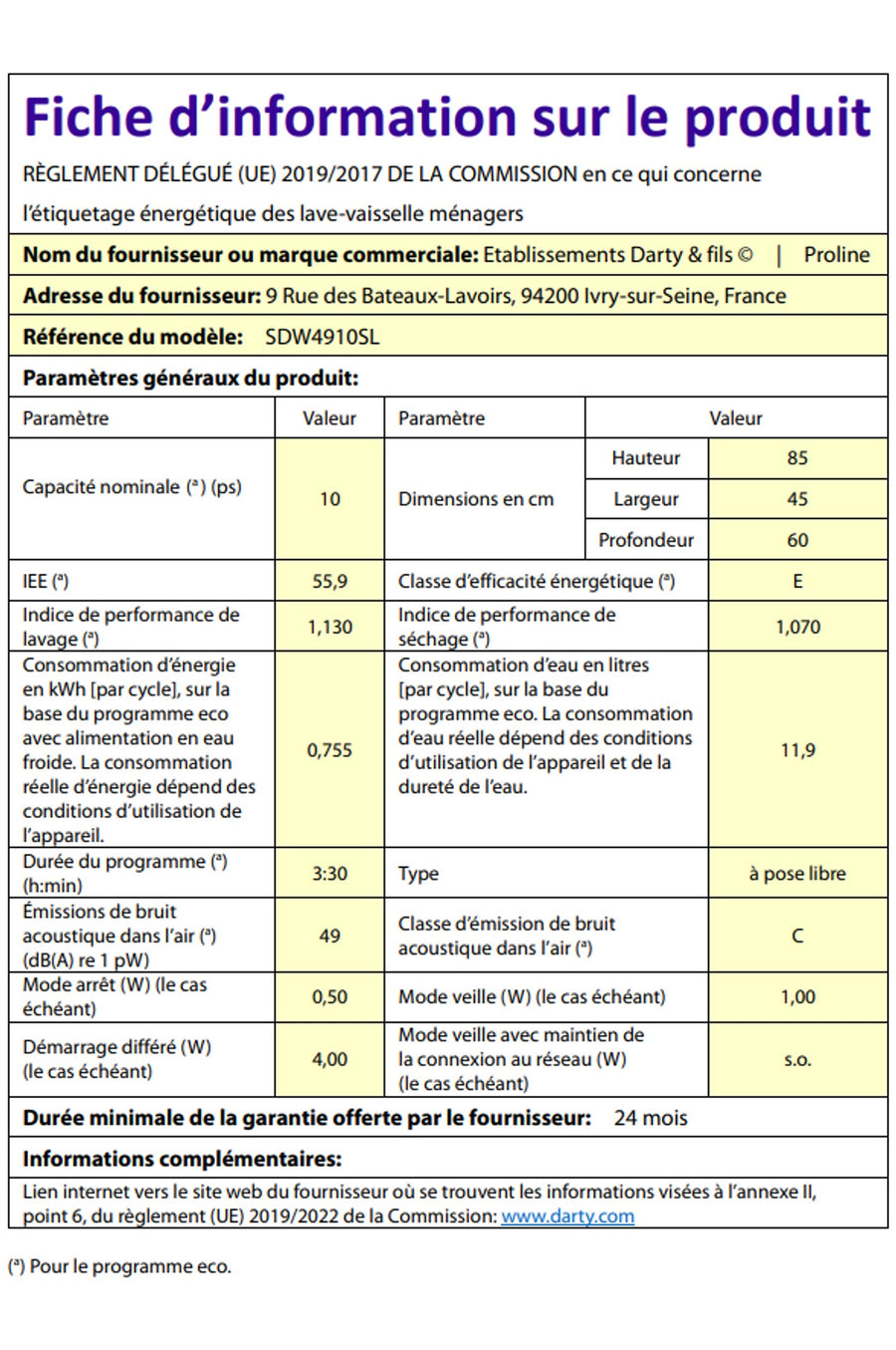 Lave-vaisselle pose libre PROLINE SDW4910SL