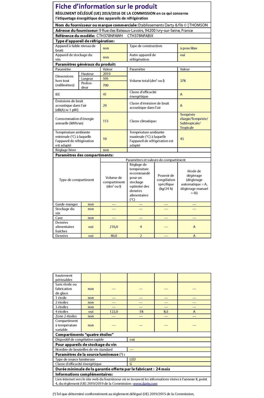 Réfrigérateur avec congélateur THOMSON CTH378NFAWH