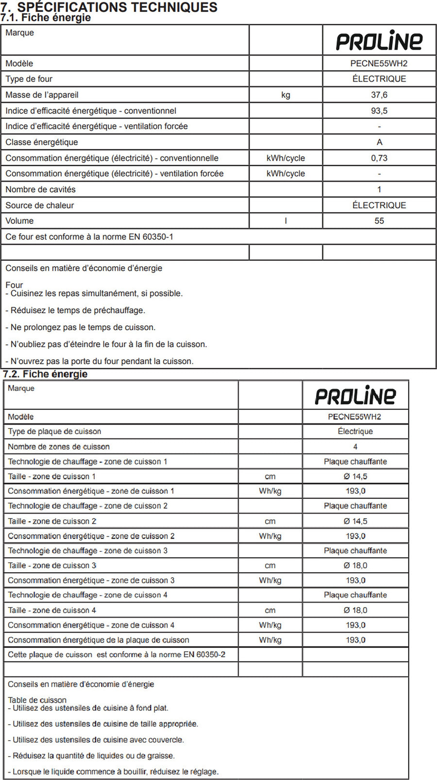 Cuisinière vitrocéramique PROLINE PECNE55WH2