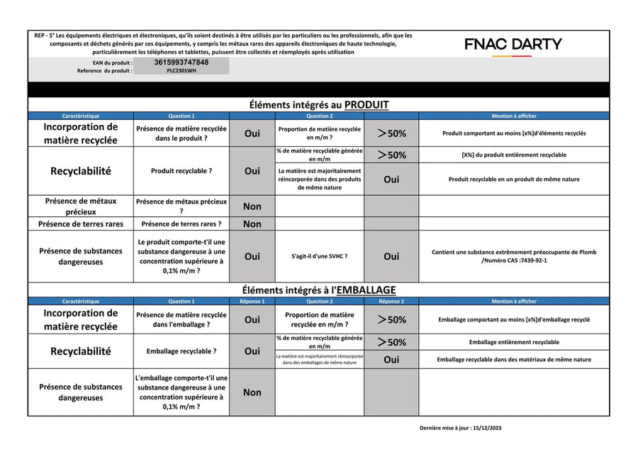Réfrigérateur avec congélateur PROLINE PLC2301WH