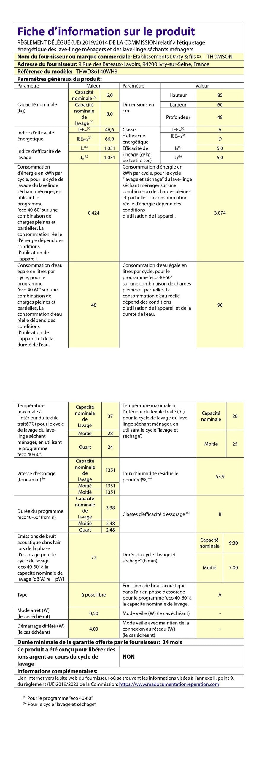 Lave-linge sechant THOMSON THWD86140WH3