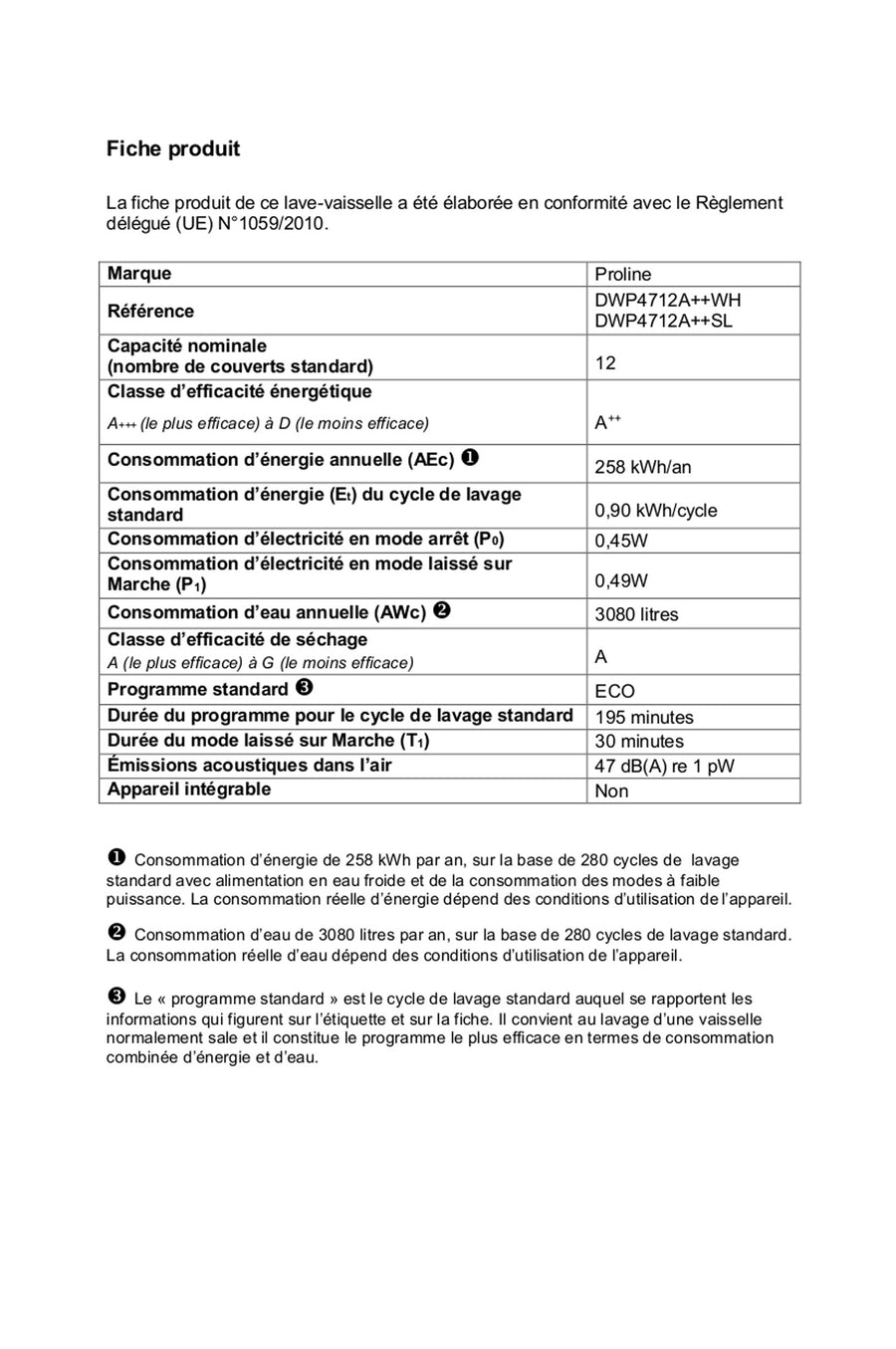 Lave-vaisselle pose libre PROLINE DWP4712A++WH