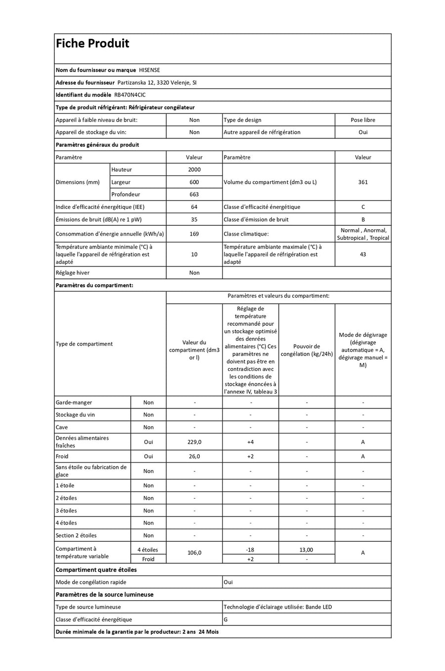 Réfrigérateur avec congélateur HISENSE RB470N4CIC