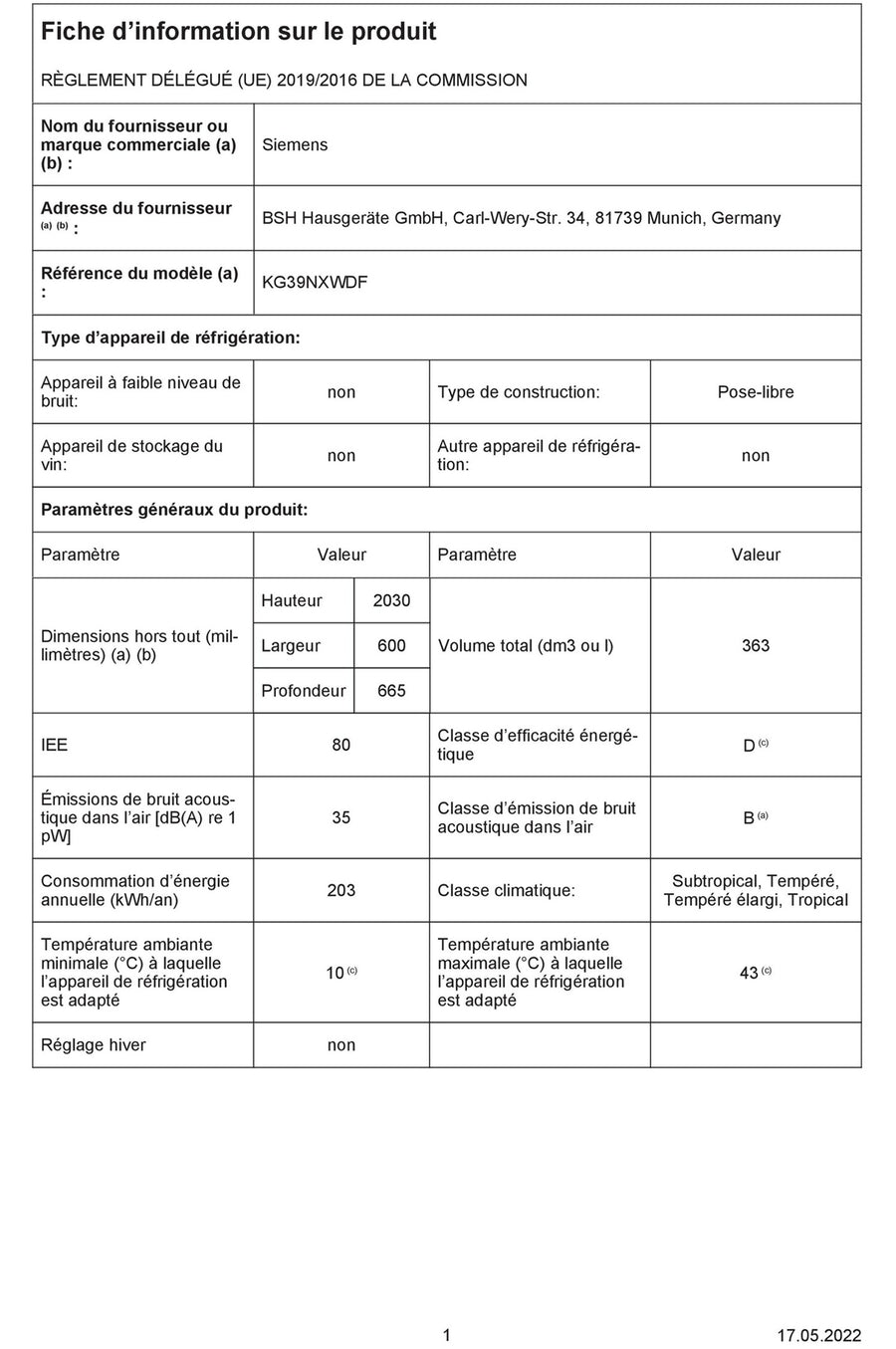 Réfrigérateur avec congélateur SIEMENS KG39NXWDF