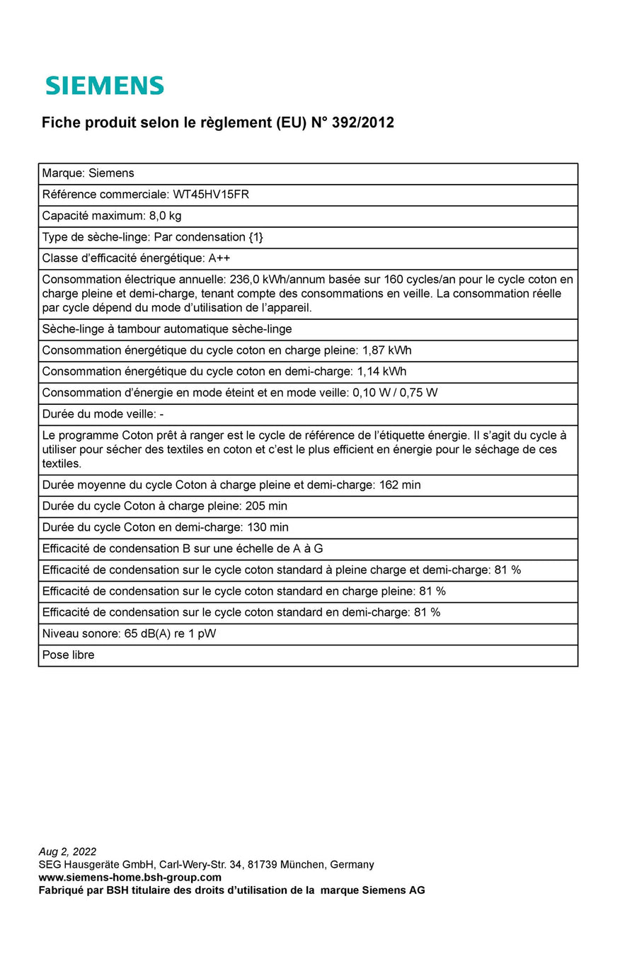 Seche-linge pompe à chaleur SIEMENS WT45HV15FR