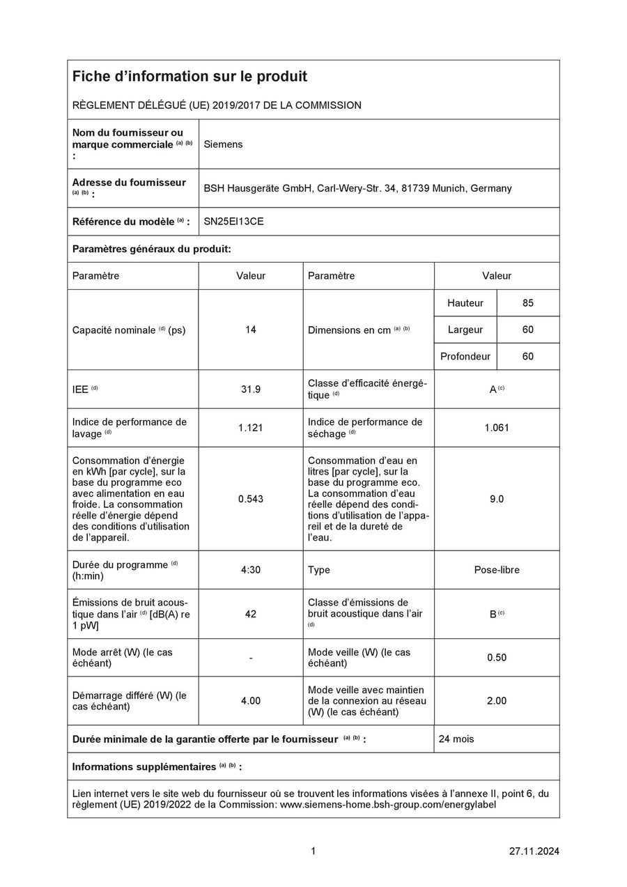 Lave-vaisselle pose libre SIEMENS SN25EI13CE
