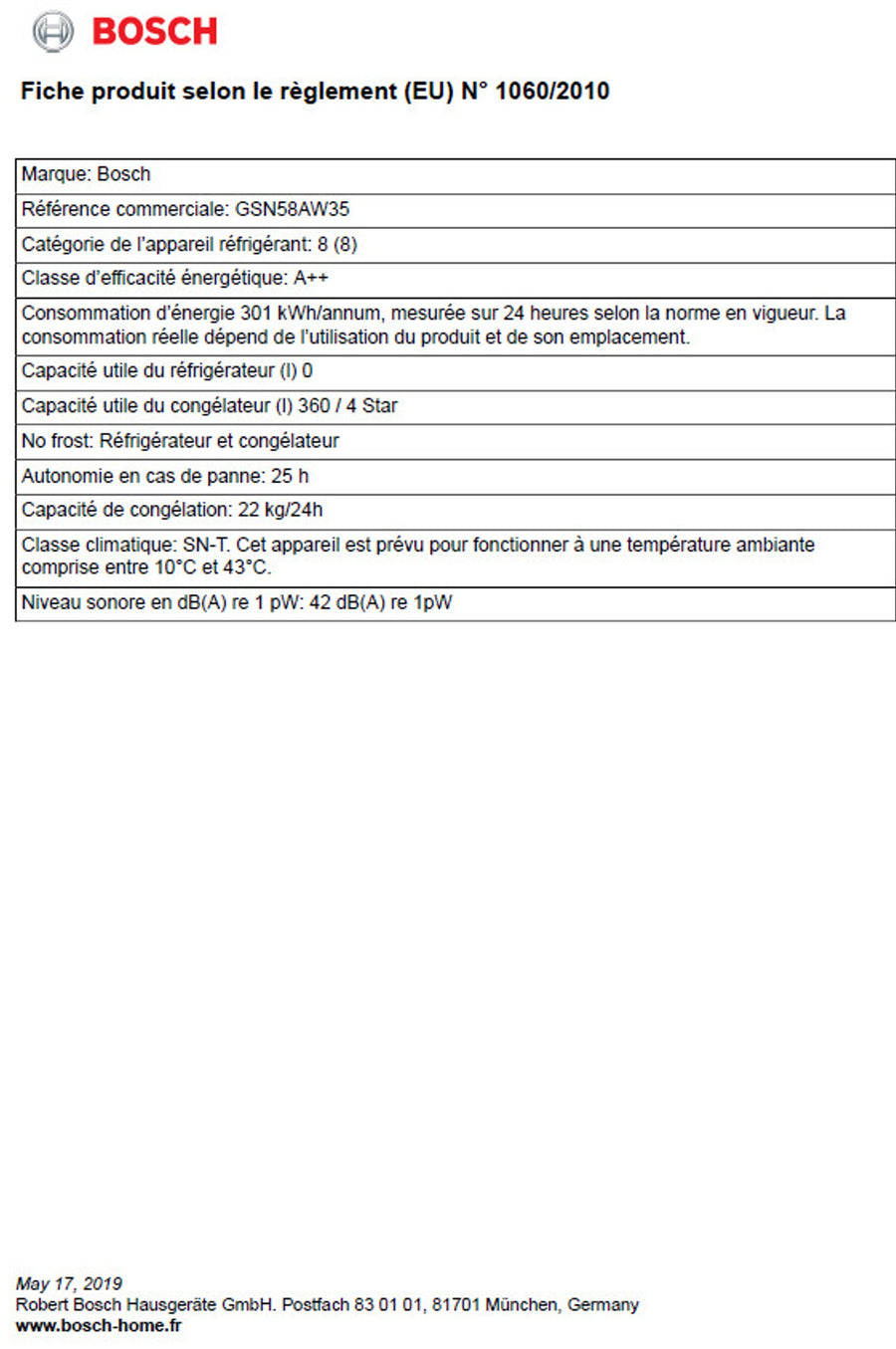 Congélateur armoire BOSCH GSN58AW35