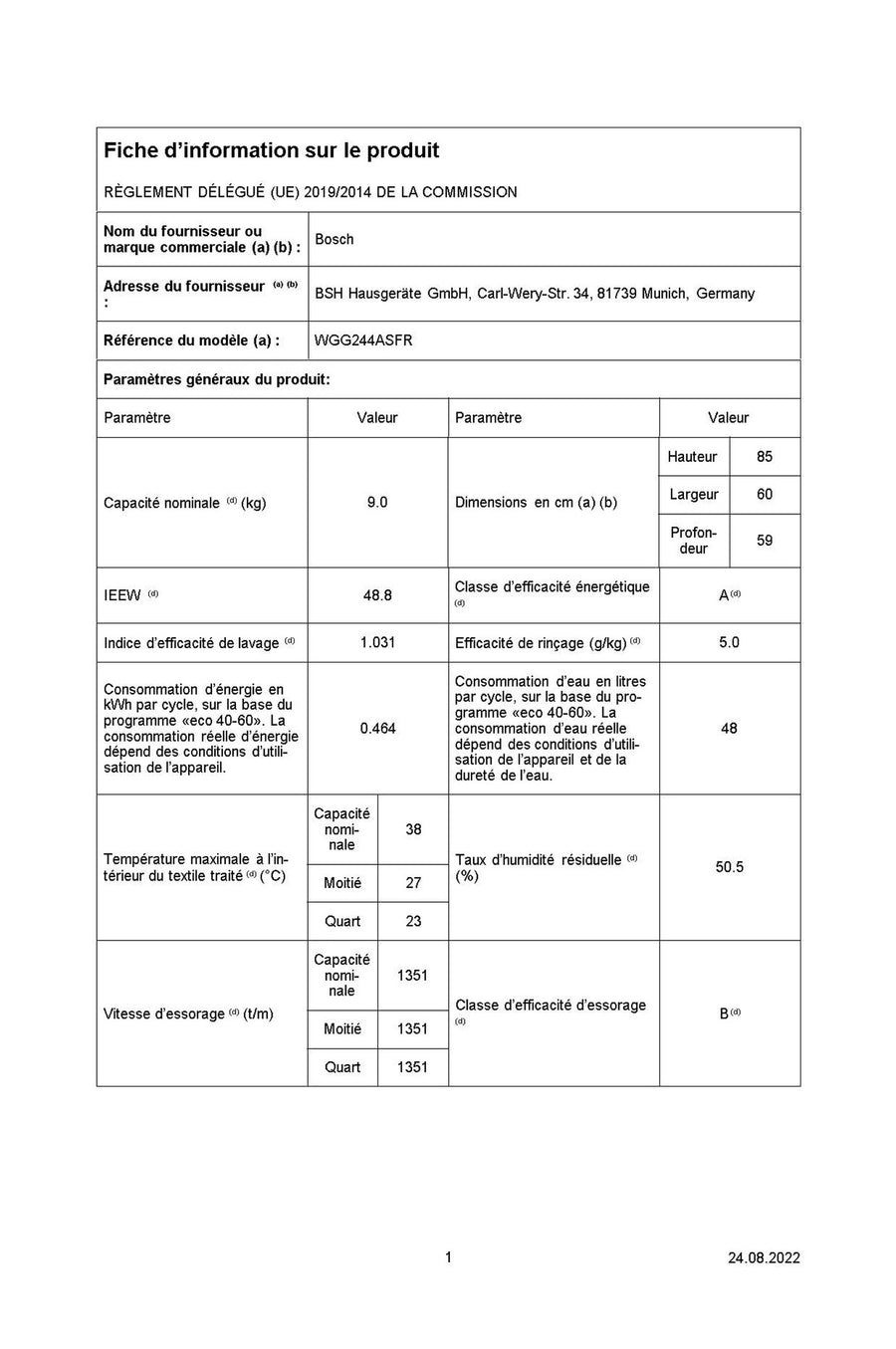 Lave-linge hublot BOSCH WGG244ASFR