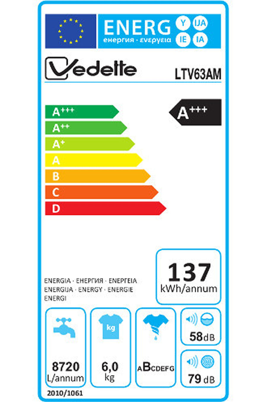 Lave-linge top VEDETTE LTV63AM