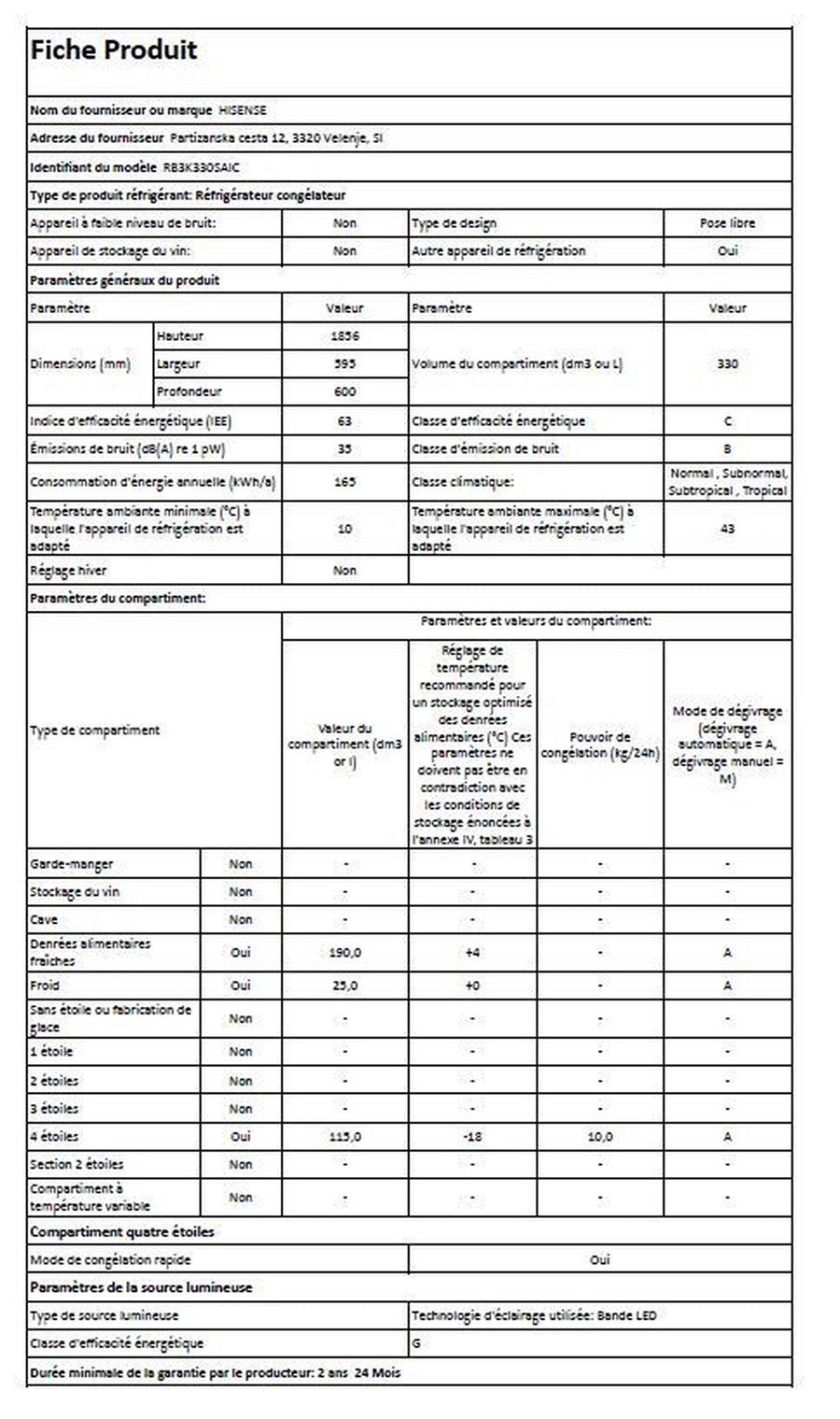 Réfrigérateur avec congélateur HISENSE RB3K330SAIC