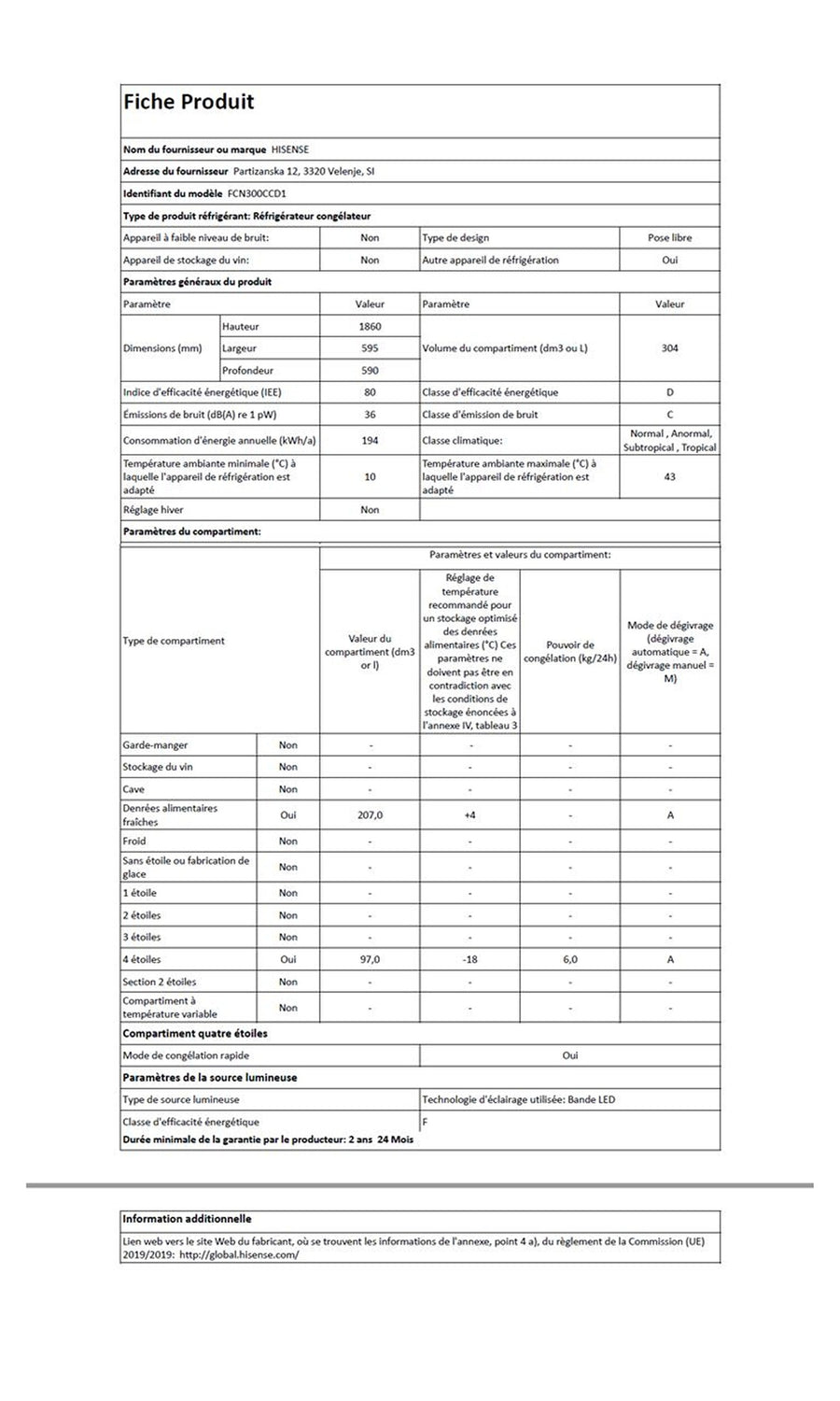 Réfrigérateur avec congélateur HISENSE FCN300CCD1