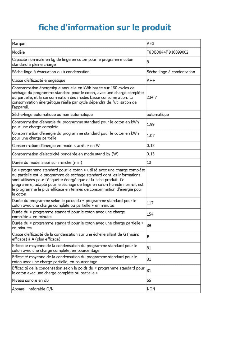 Seche-linge pompe à chaleur AEG T8DBD844F