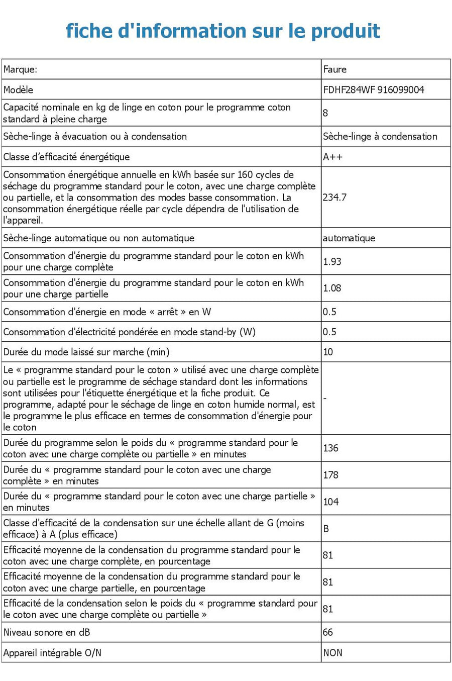 Seche-linge pompe à chaleur FAURE FDHF284WF