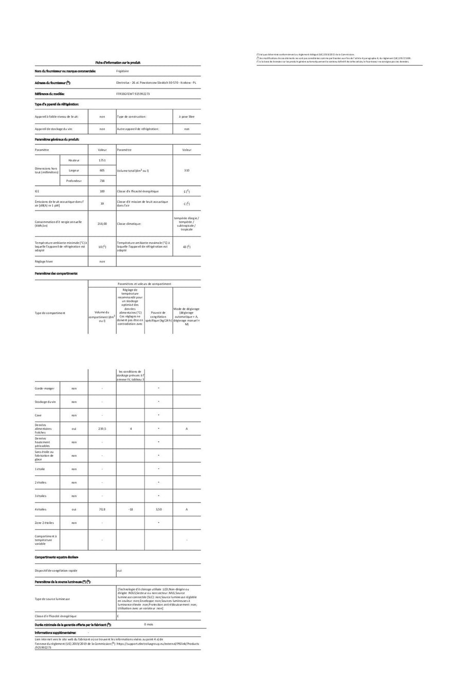 Réfrigérateur avec congélateur FRIGIDAIRE FFR33GFEWT