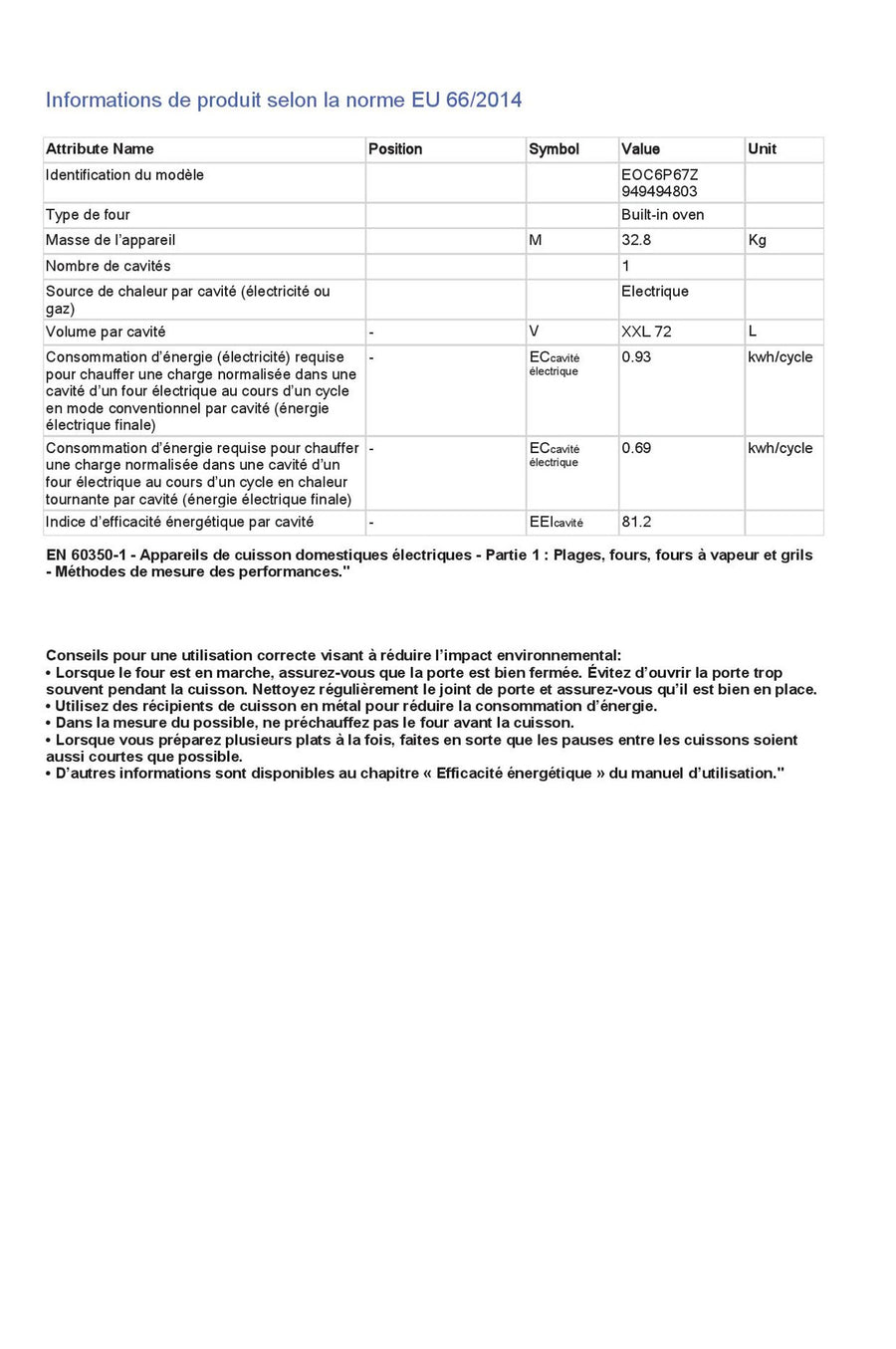 Four chaleur tournante ELECTROLUX EOC6P67Z