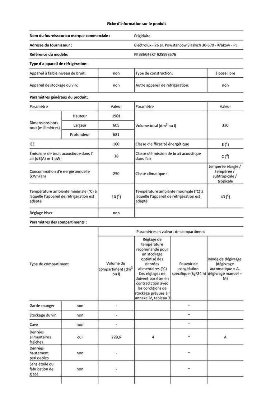 Réfrigérateur avec congélateur FRIGIDAIRE FKB36GFEKT
