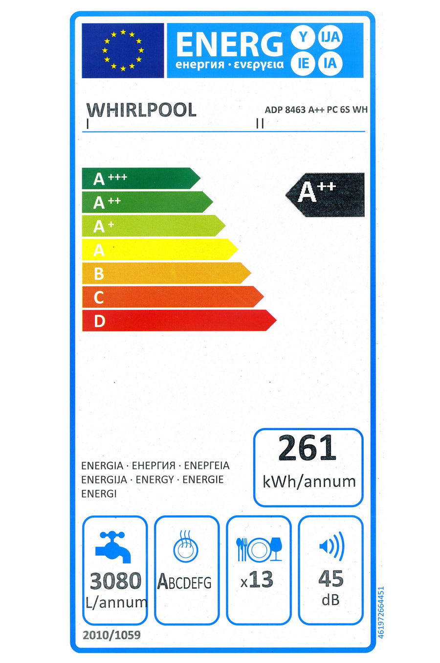 Lave-vaisselle pose libre WHIRLPOOL ADP8463PCGG
