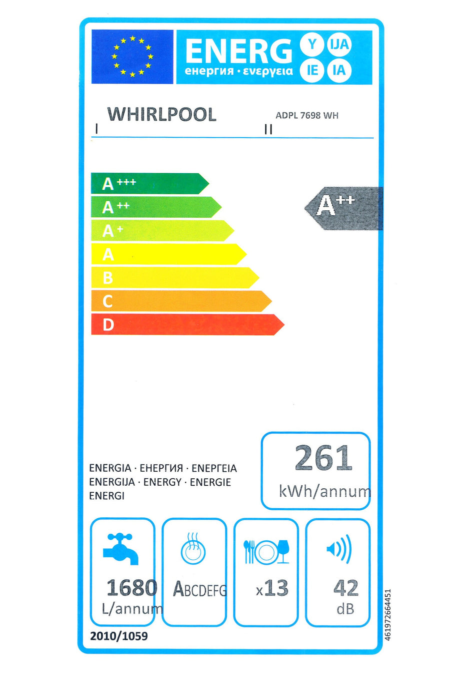 Lave-vaisselle pose libre WHIRLPOOL ADPL7698WH
