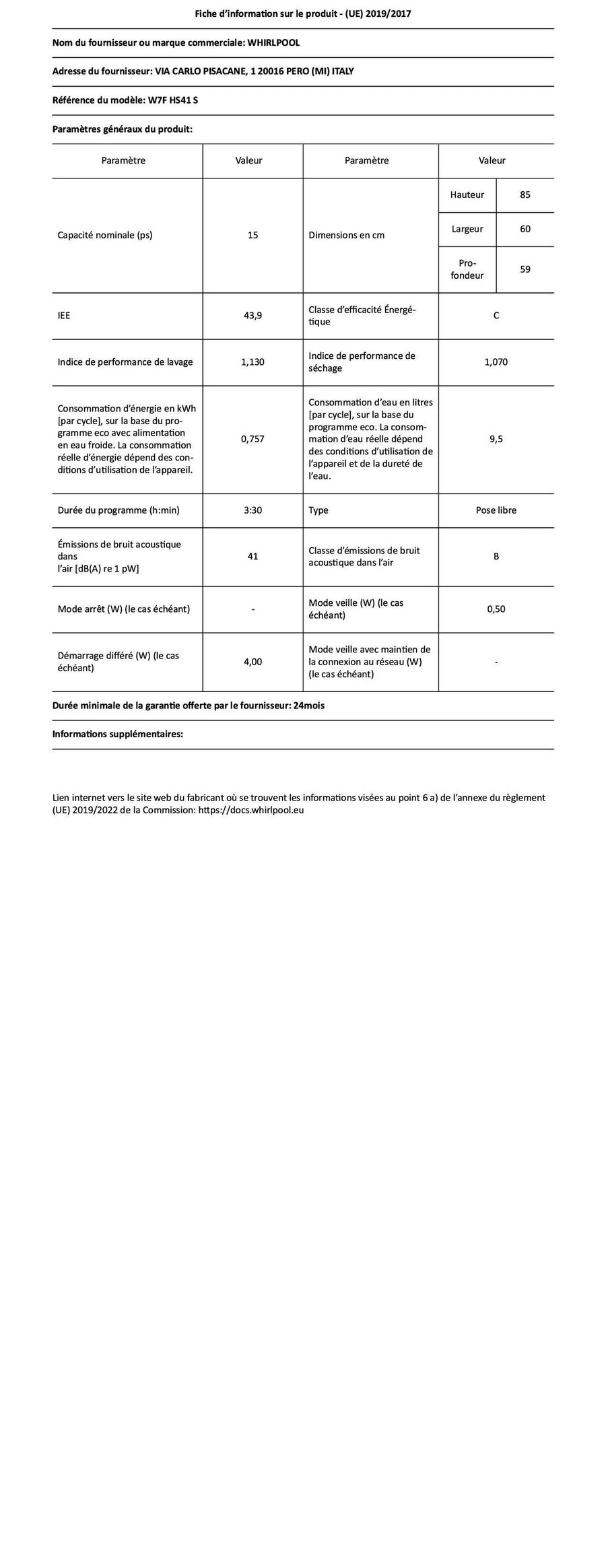 Lave-vaisselle pose libre WHIRLPOOL W7FHS41S
