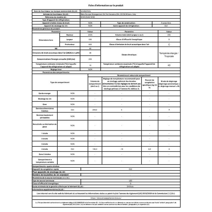 Réfrigérateur avec congélateur WHIRLPOOL WHK25402W5E