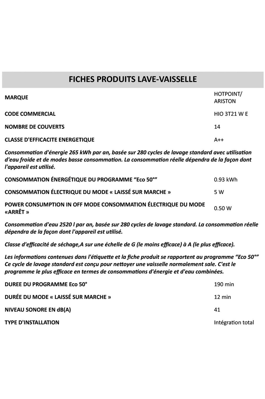 Lave-vaisselle encastrable HOTPOINT HIO-3T21-W-E