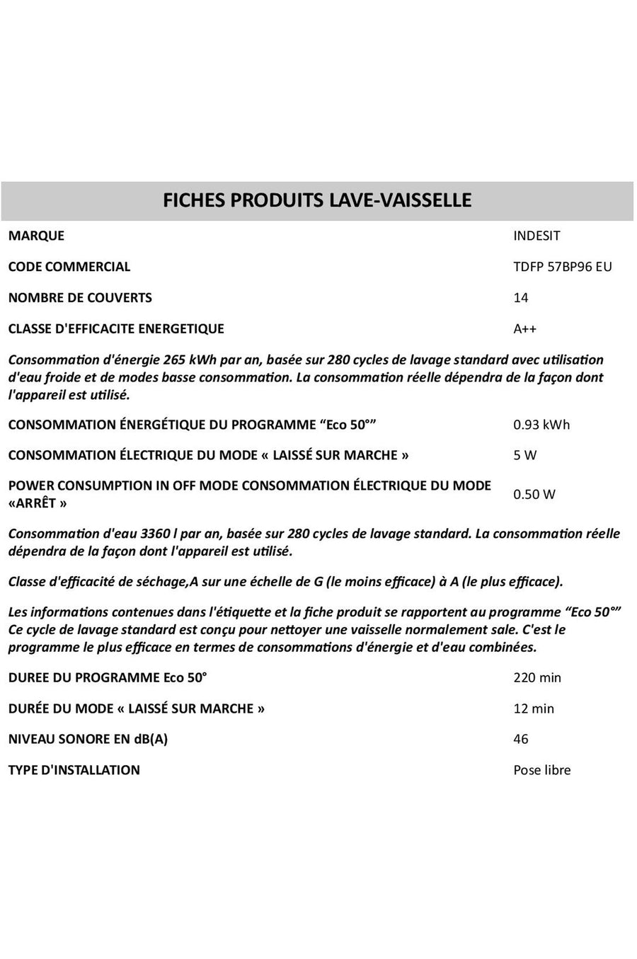 Lave-vaisselle pose libre INDESIT TDFP 57BP96 EU