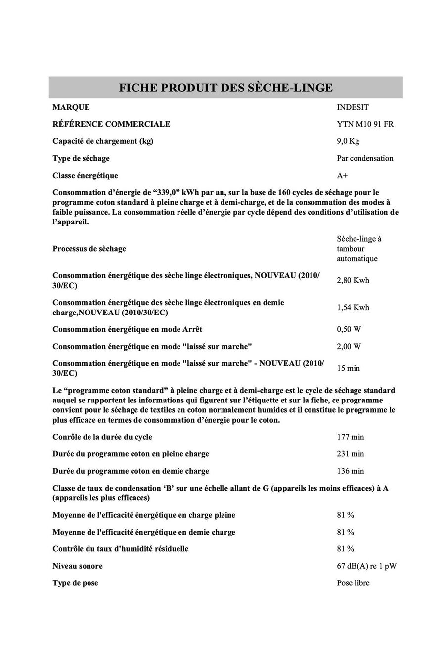 Seche-linge pompe à chaleur INDESIT YTNM1091FR