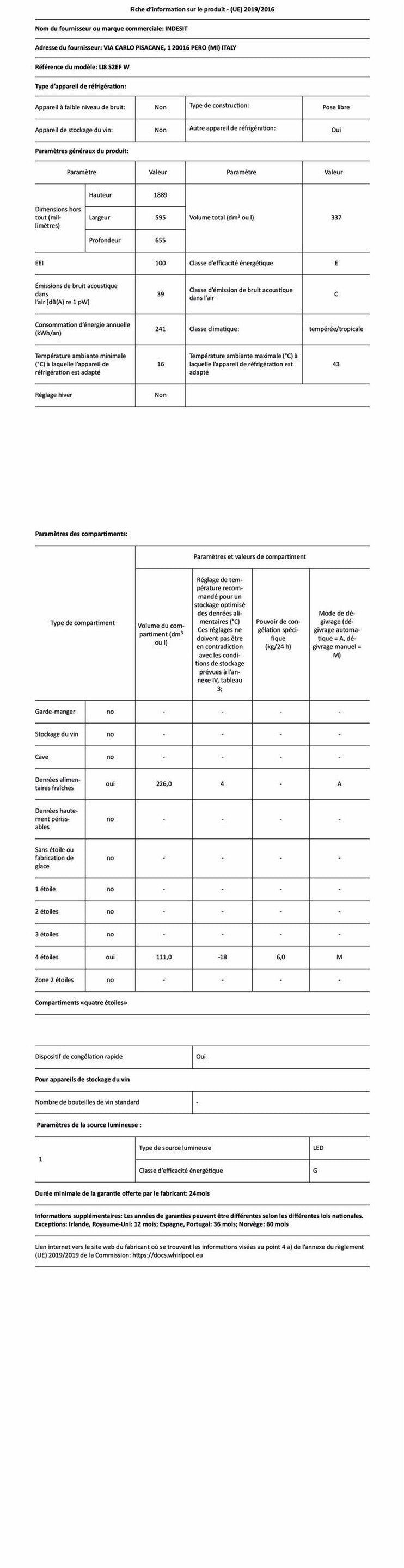 Réfrigérateur avec congélateur INDESIT LI8S2EFW