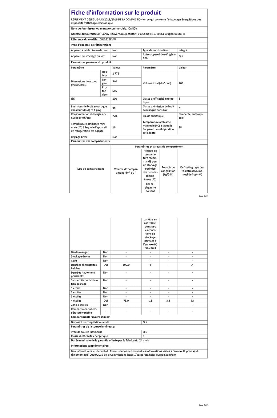 Réfrigérateur encastrable CANDY CBL3518EVW