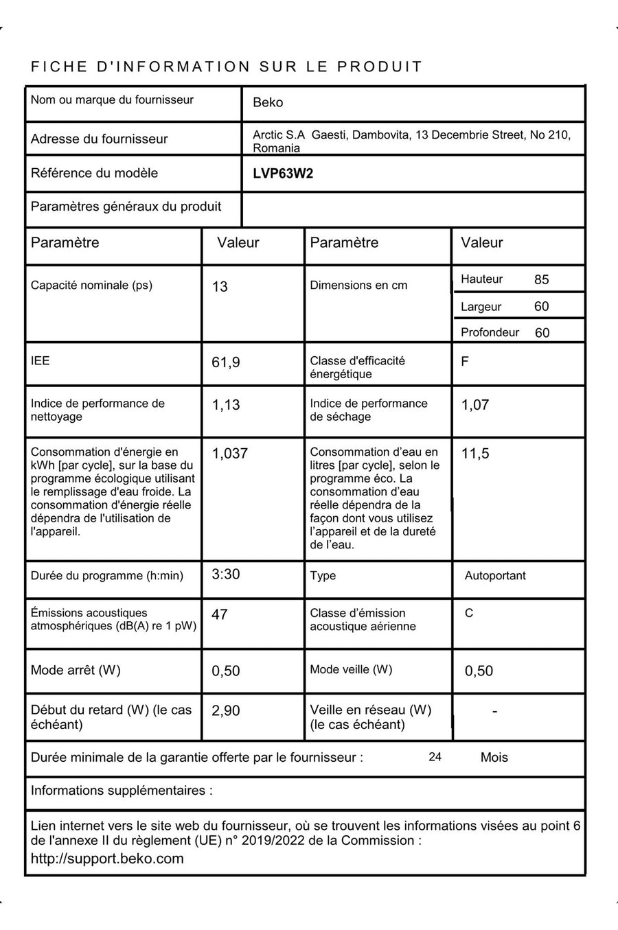Lave-vaisselle pose libre BEKO LVP63W2