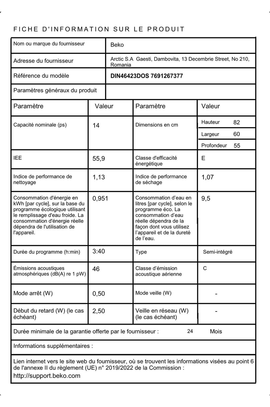 Lave-vaisselle encastrable BEKO DIN46423DOS