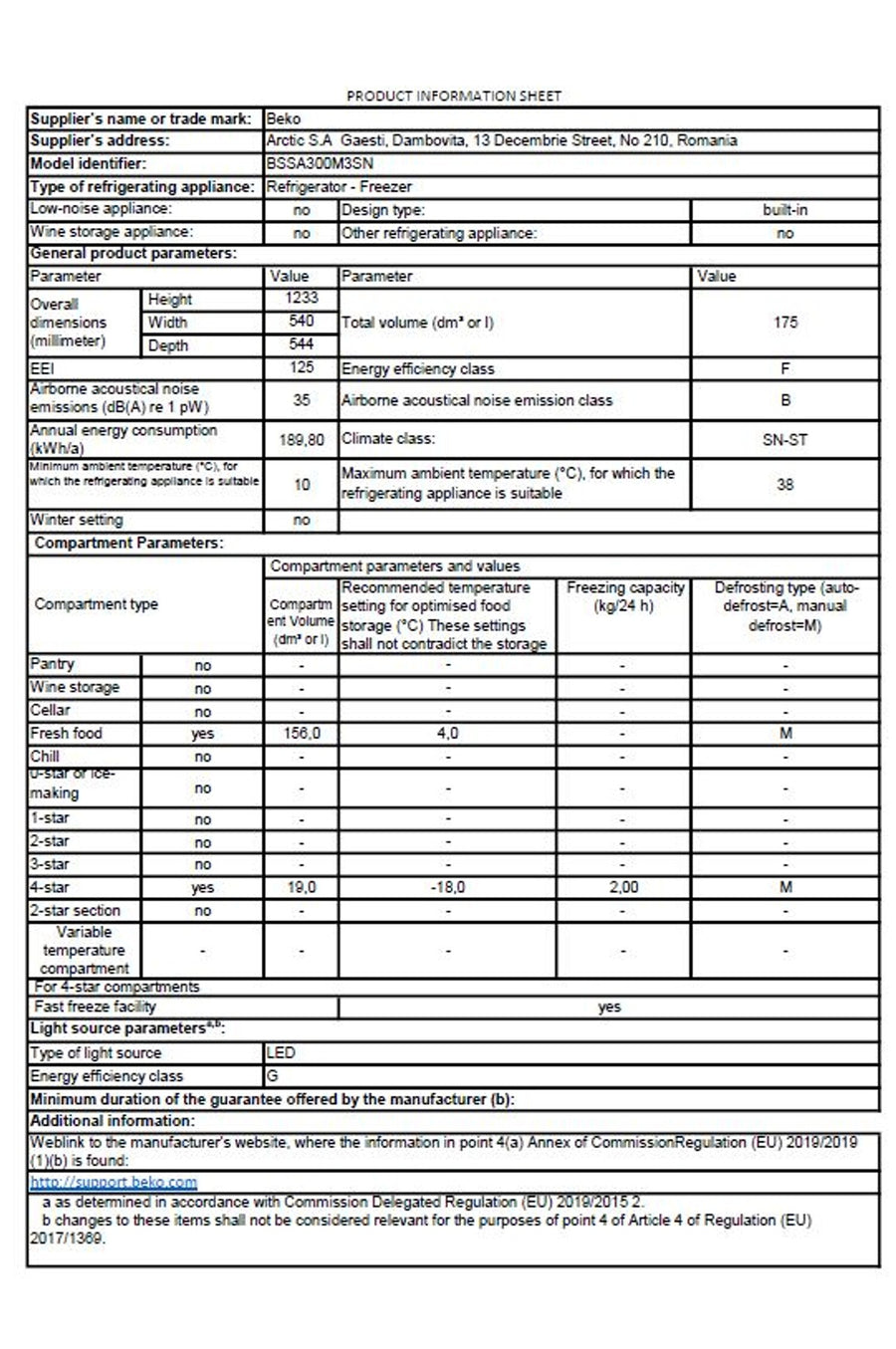 Réfrigérateur encastrable BEKO BSSA300M3SN