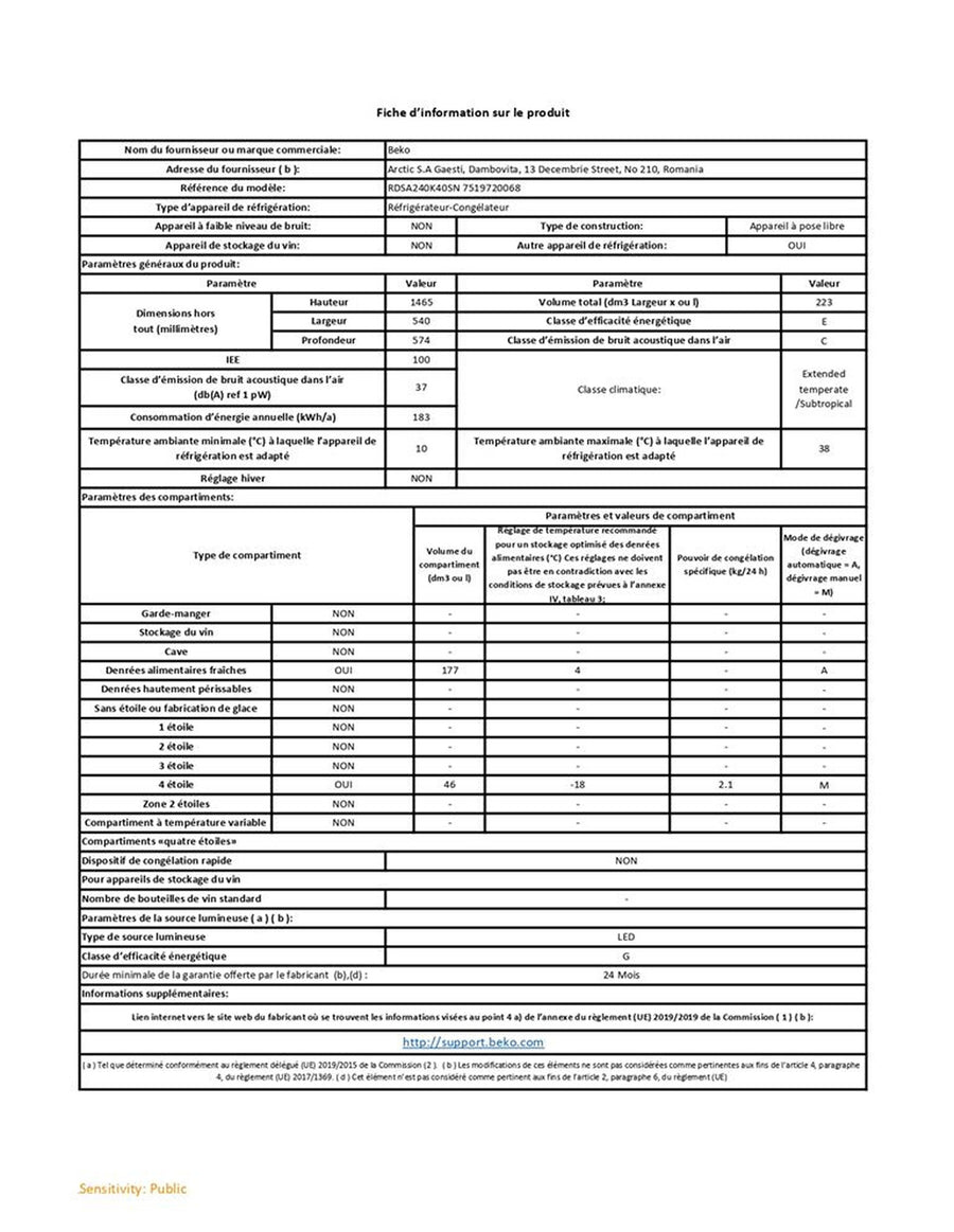 Réfrigérateur Avec Congélateur 223 Litres Neuf BEKO RDSA240K40SN
