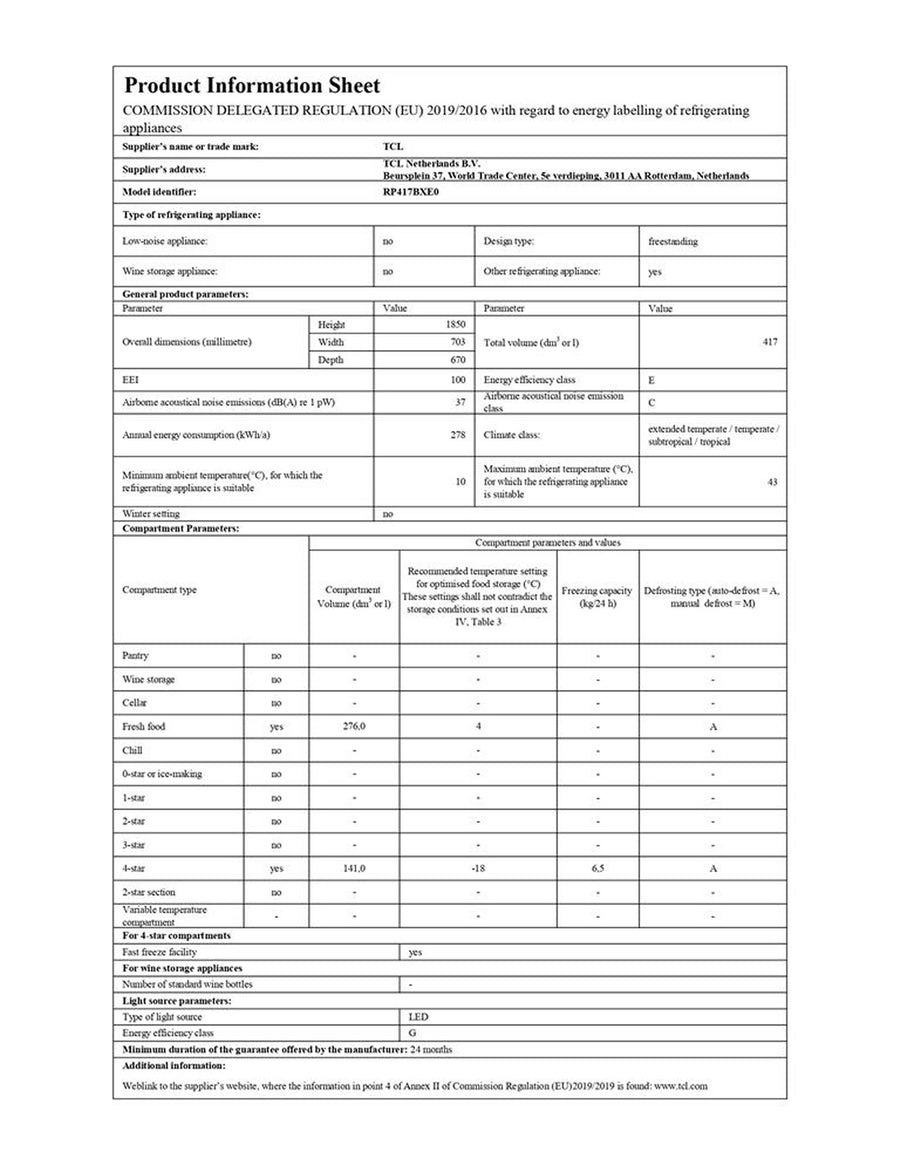 Réfrigérateur avec congélateur TCL RP417BXE0