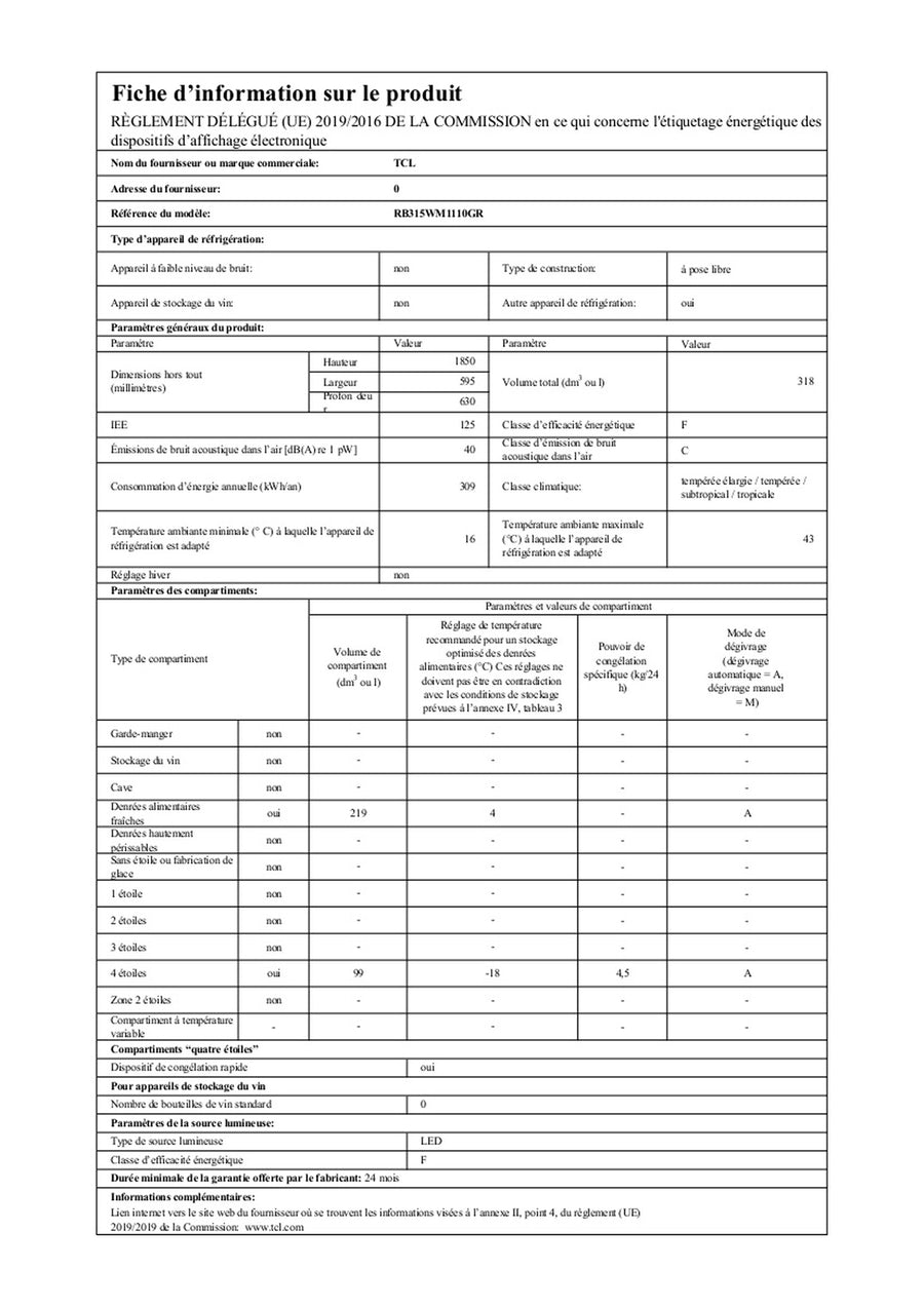 Réfrigérateur avec congélateur TCL RP318BXE3