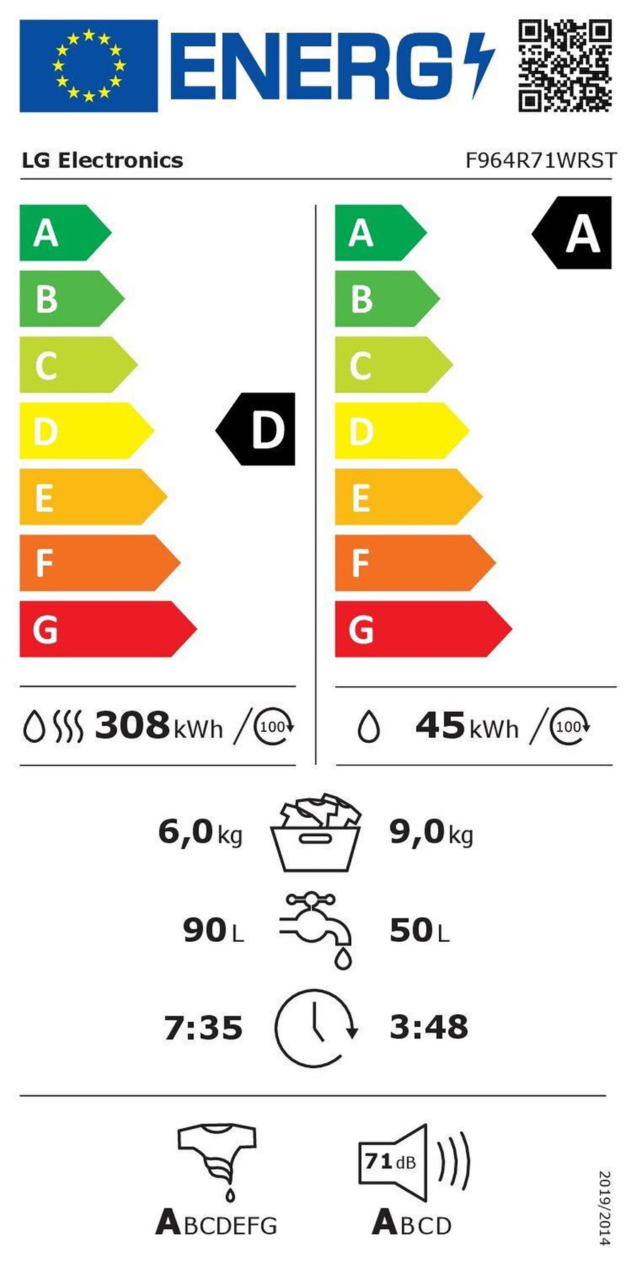 Lave-linge Sechant 9 kg Neuf LG F964R71WRST