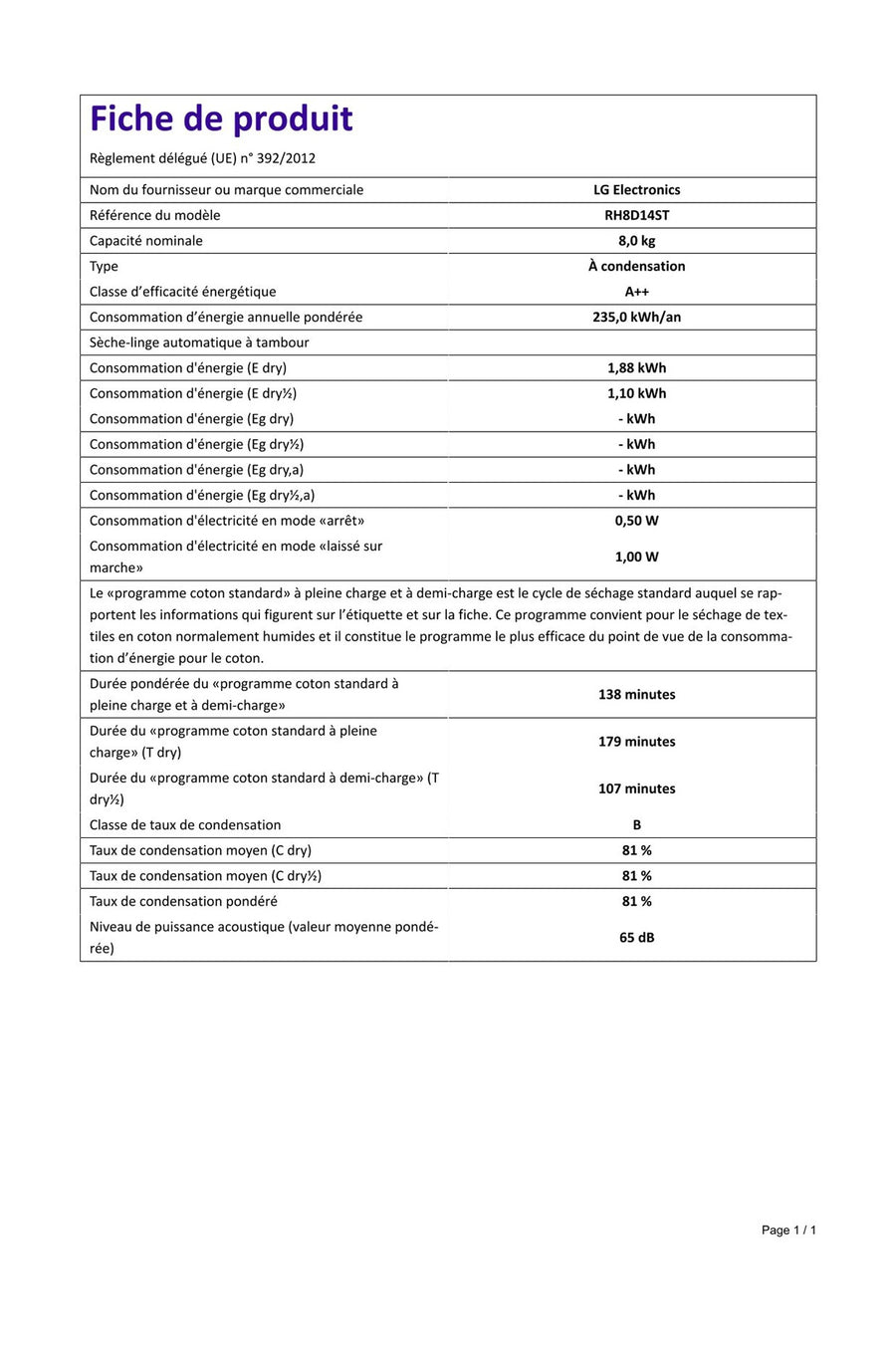 Seche-linge pompe à chaleur LG RH8D14ST
